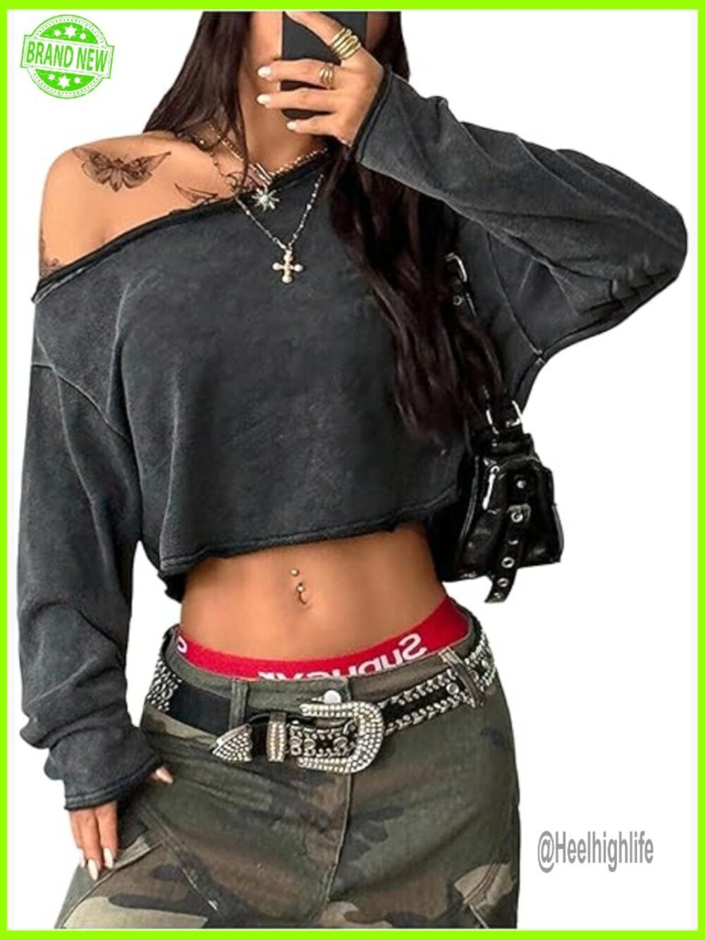Off Shoulder Long Sleeve Loose Fit Crop Top Y2K Grunge Streetwear Tee